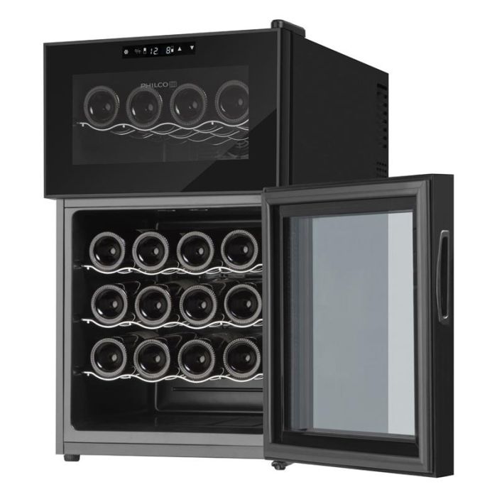 Холодильник Philco для вина,  74х43х52, холод.відд.-70л, зон - 2, бут-24, диспл, підсвітка, металеві полиці, чорний