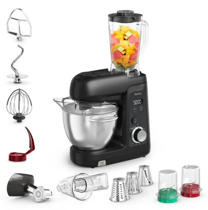 Кухонна машина Tefal Bake Partner + 1100Вт, чаша-метал, корпус-пластик, насадок-9, чорний