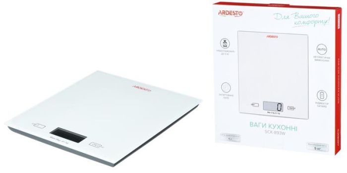 Ваги ARDESTO кухонні, 5кг, AAAx2 в комплекті, скло, білий