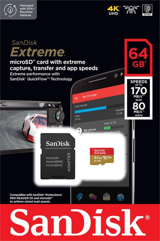 Карта пам'яті SanDisk microSD   64GB C10 UHS-I U3 A2 V30 R170/W80MB/s Extreme + SD