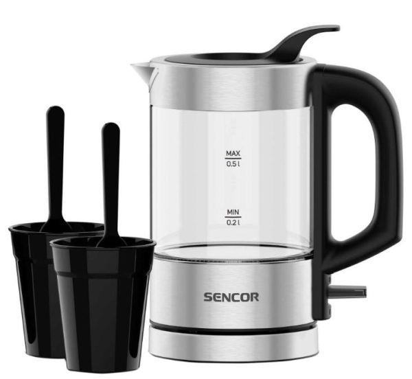 Електрочайник Sencor 0.5л, Strix, пластик, в комплекті 2 склянки + 2 ложки, скло, нерж. сталь