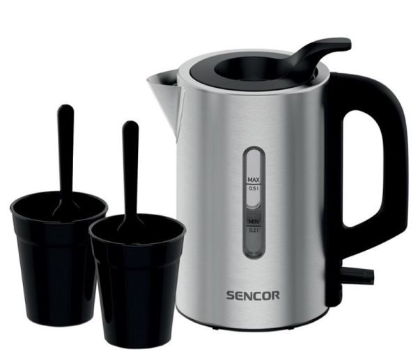Електрочайник Sencor 0.5л, Strix, пластик, в комплекті 2 склянки + 2 ложки, нерж. сталь