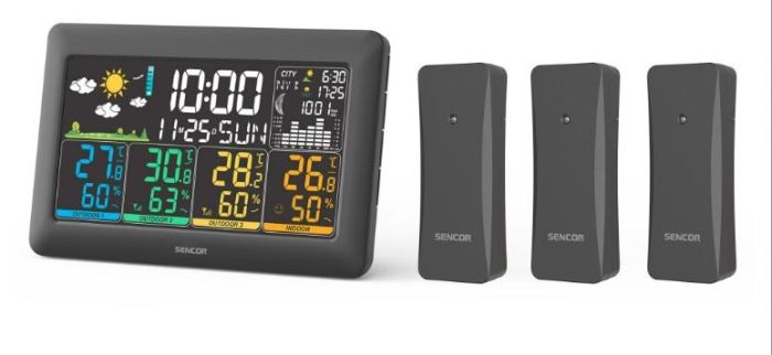 Метеостанція Sencor, внутр/зовн вимірювання, від мережі/AAх3+AAx2, темп-ра, вологість, час, прогноз погоди, атмосферний тиск, чорний