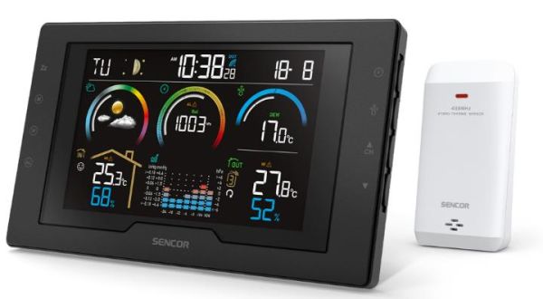 Метеостанція Sencor, внутр/зовн вимірювання, від мережі/CR2032х1+ААх2, темп-ра, вологість, час, прогноз погоди, чорний