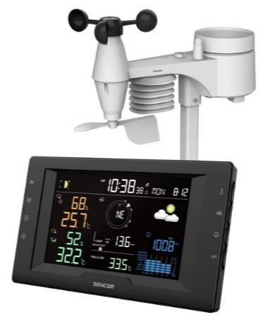 Метеостанція Sencor, внутр/зовн вимірювання, від мережі/CR2032x1+AAx3, темп-ра, вологість, час, прогноз погоди, атмосферний тиск, шв. вітру, чорний