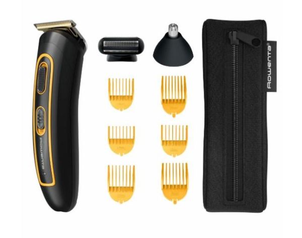 Тример Rowenta Sport Collection, для голови, носа, вух і тіла, мережа+акум., роторний мотор, насадок-8, чохол, титан.напил., чорно-жовтий