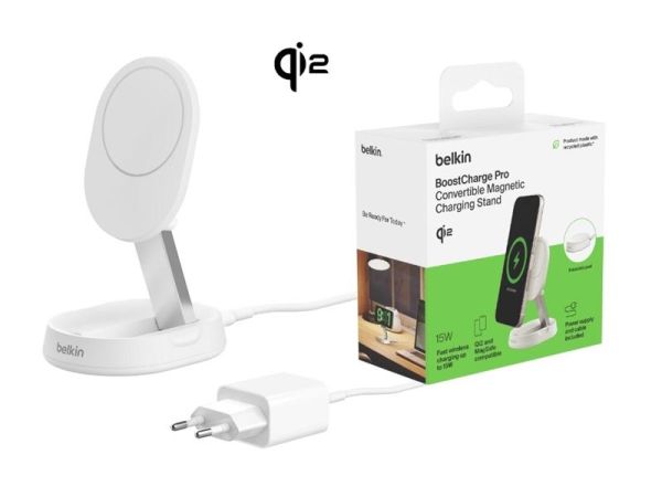 Зарядний пристрій бездротовий Belkin 15Вт Magnetic Stand Qi2, адаптер 20Вт USB-C, білий