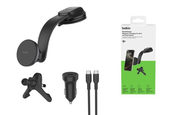 Автомобільний тримач смартфона Belkin Qi2 з бездротовою зарядкою (дефлектор/панель) + USB-C 27Вт