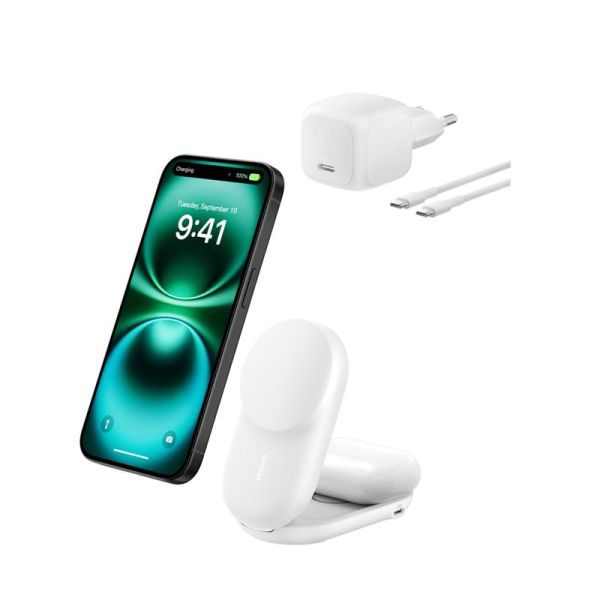 Зарядний пристрій бездротовий Belkin UltraCharge 2в1 Foldable Magnetic Charging 25Вт, білий