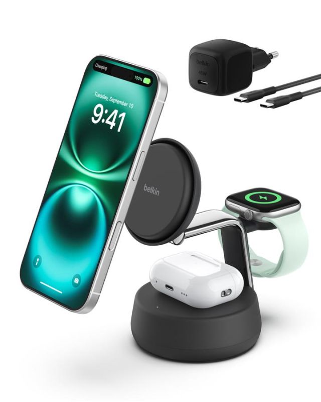 Зарядний пристрій бездротовий Belkin UltraCharge Pro 3в1 Magnetic Charging Dock 25Вт, Charcoal