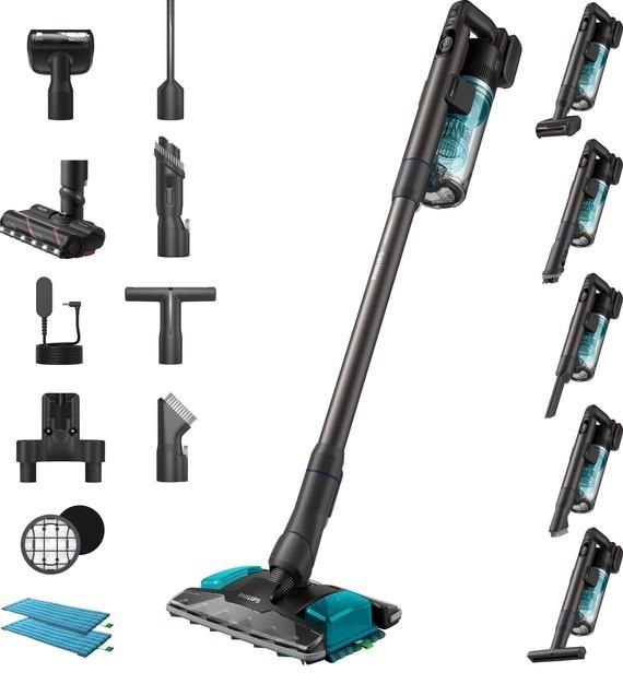 Пилосос Philips безпровідний Complete Series 8000, вологе прибирання, конт пил -0.6л, автон. робота до 80хв, чорно-блакитний