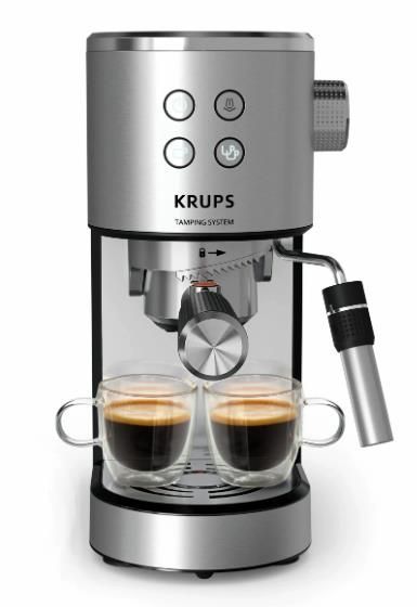 Кавоварка Krups ріжкова Virtuoso+ Tamping System 1л, мелена, ручний капучинатор, 15 бар, сірий