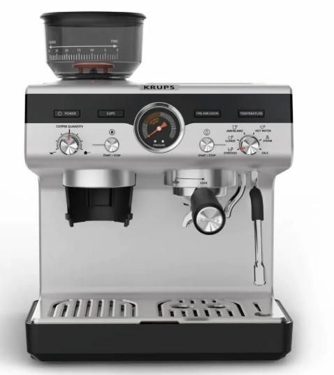 Кавоварка Krups ріжкова Precision+, 3.5л, вдубована кавомолка, ручний капучинатор, 15 бар, чорний-сірий